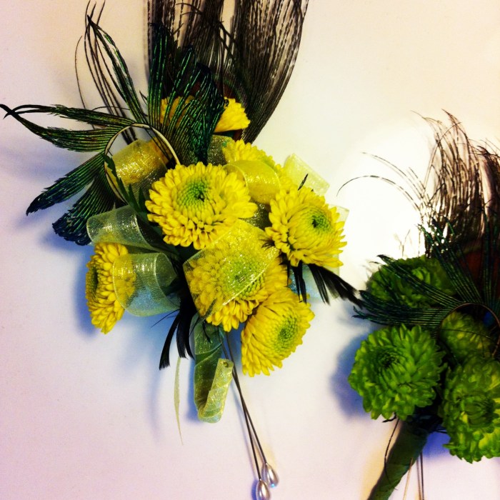 peacock corsage and boutonniere