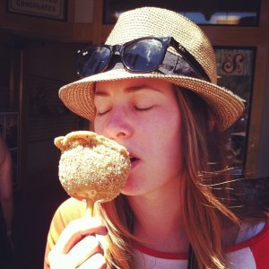 Eating a caramel apple in Lake Tahoe