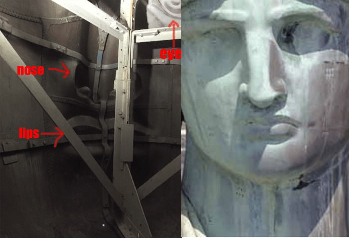 (Left) Statue of Liberty's face from the inside. (Right) Her face from the outside.