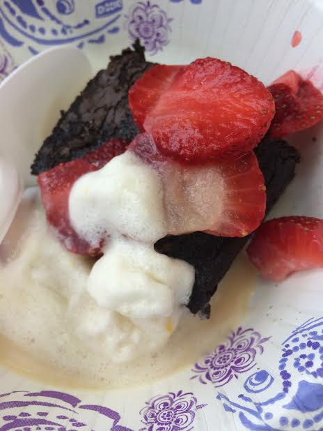 brownie with strawberries and ice cream